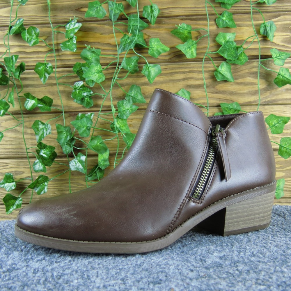 Time‎ and Tru Women's Ankle Boots Wide Width Brown Side Zip Block Heel Booties 8